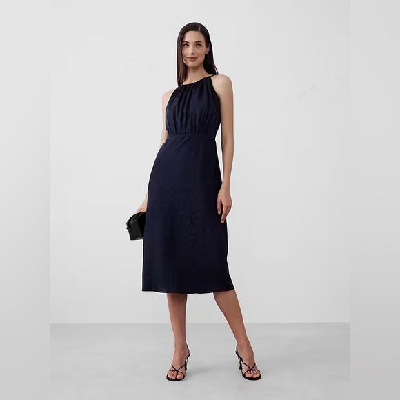 Banana Republic Factory High-Neck Jacquard Midi Dress in Navy - Picture 1 of 9